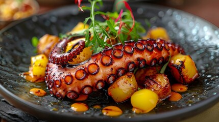 A beautifully plated dish featuring grilled octopus alongside roasted vegetables, garnished artistically to highlight the vibrant colors and textures of the food.