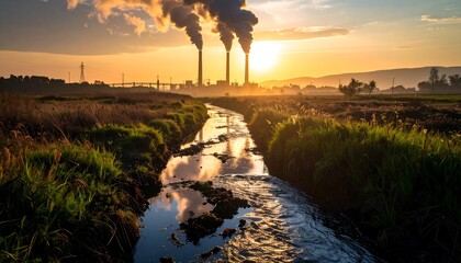 Sunset with power plant, and stream pollution.
