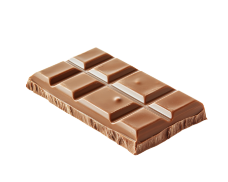 Milk chocolate bar with sectioned squares on a transparent background