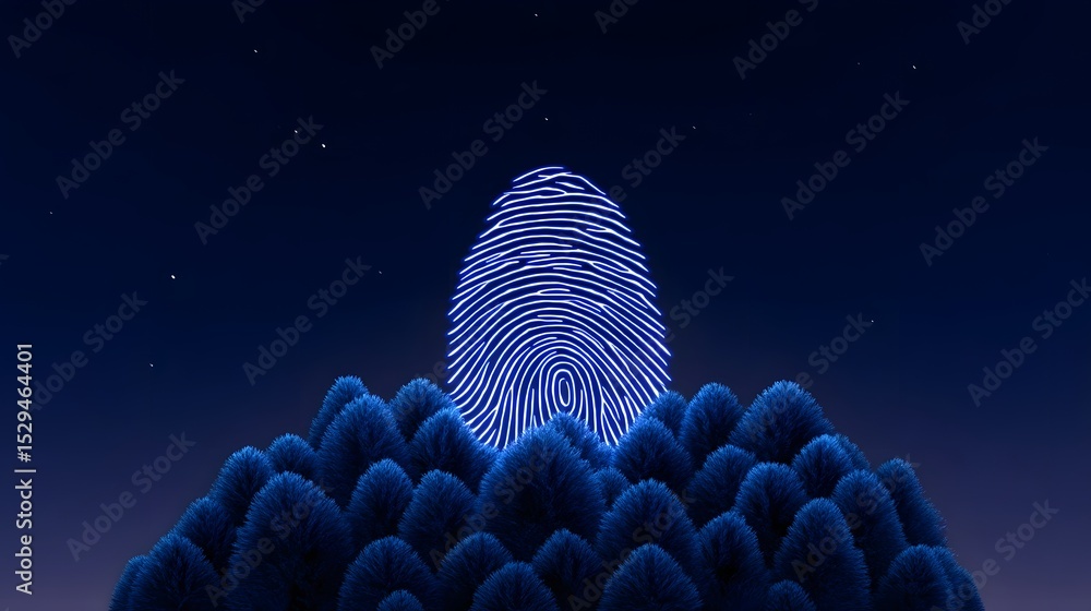Poster a tree-like silhouette against a starry night sky, its branches forming a distinctive fingerprint-li