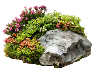 Rock garden with blooming flowers isolated on transparent background