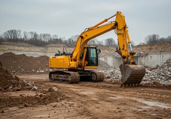 Obraz premium A bright yellow excavator works diligently at a busy construction site, digging and moving earth to shape the future. Dust rises as heavy machinery powers through a landscape of progress and developme