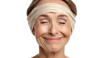 Portrait of a cheerful senior woman wearing an elastic bandage around her head, smiling with closed eyes, isolated on a transparent background, conveying a sense of peace and well being