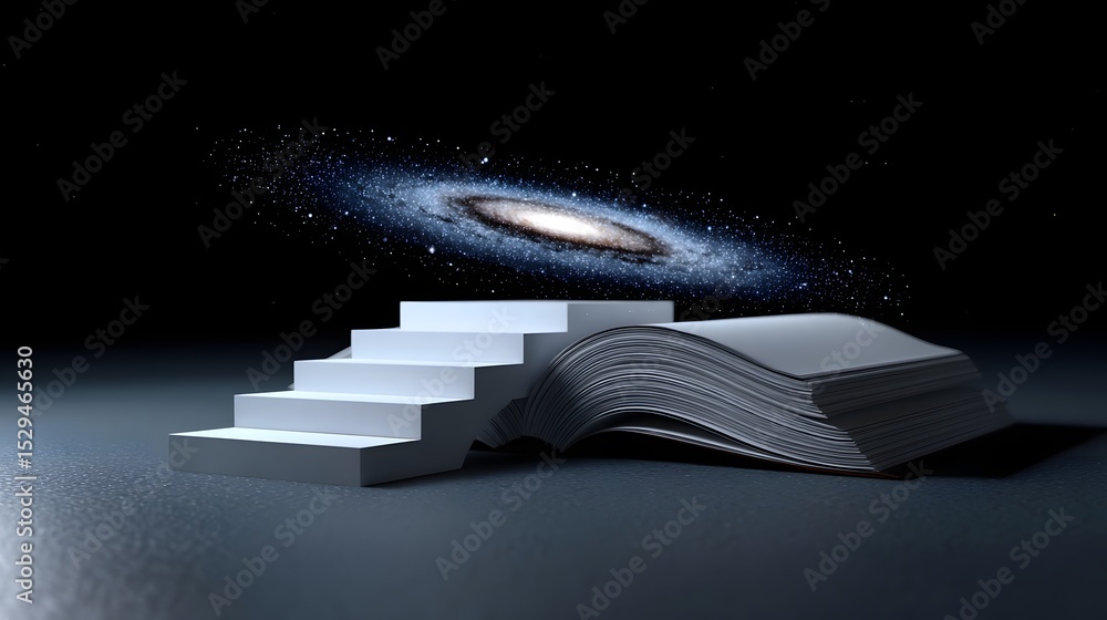 Poster a surreal and conceptual image depicting a book transforming into a staircase that reaches towards t