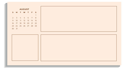 Minimalist August 2026 Calendar with Notes. Vector Monthly Planner