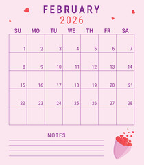 Minimalistic February 2026 planner page with red hearts, vector isolated illustration