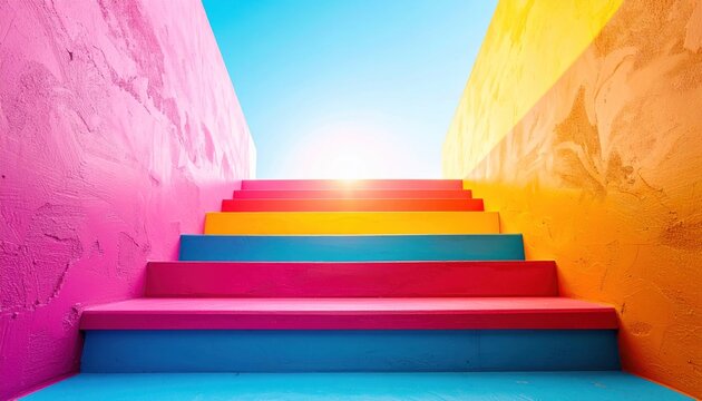 Colorful stairs leading to bright blue sky