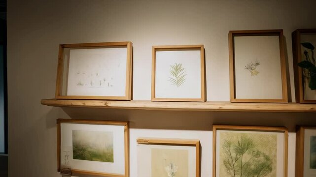 Botanical art gallery featuring watercolor paintings and illustrations of foliage in frames displayed on a shelf with a plant decoration and books