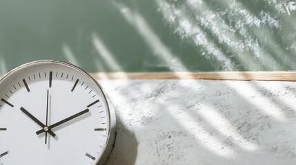 Round white wall clock placed on a textured surface, casting soft shadows against a green chalkboard, creating a serene and organized workspace atmosphere