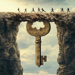 People running across a chasm, a large key spanning the gap