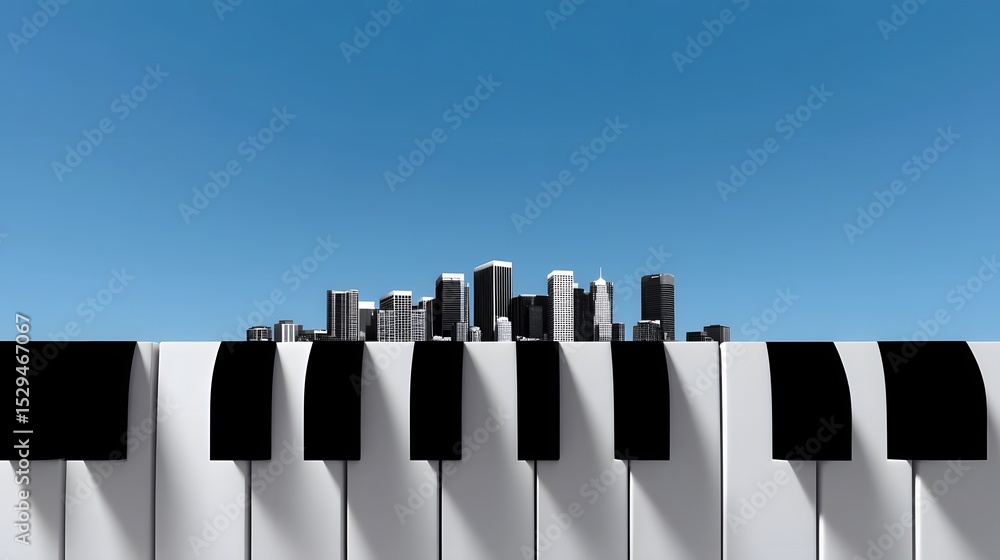 Poster the city skyline is stylized to resemble the keys of a piano, creating a unique and visually strikin