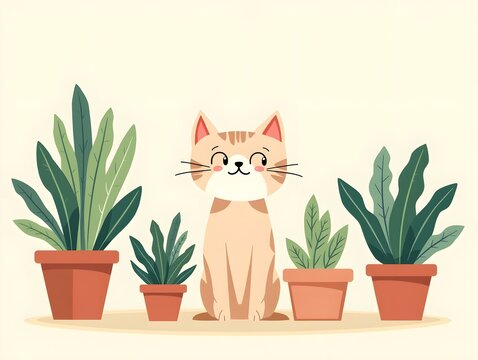 Charming Cat Amongst Houseplants Adorable Illustration for Home Decor Pet Blogs and Gardening Websites