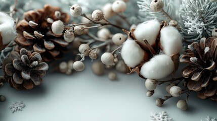 Winter Holiday Decor with Pinecones Cotton Berries Snowflakes in Neutral Colors