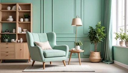 Fototapeta premium Mint green armchair living room.