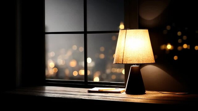 Cozy nighttime scene with table lamp glowing softly by the window with city lights in the background