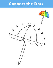 Dot to Dot Worksheet for Kids. Connect the dots to draw a cute beach umbrella. Cute cartoon beach umbrella. Coloring page.	