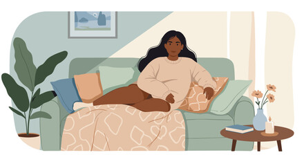 Relaxed woman sitting on sofa with plant and flowers in cozy living room  