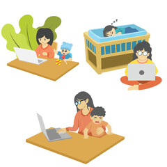 mother working with laptop while taking care of child, illustration of working from home concept