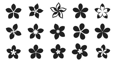 Various black flower silhouettes in diverse shapes and sizes  