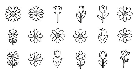 Set of hand-drawn flower illustrations in black and white style  