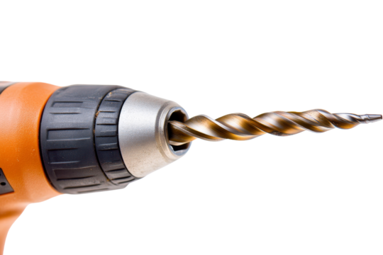 Electric drill with a golden twist drill bit on transparent background.
