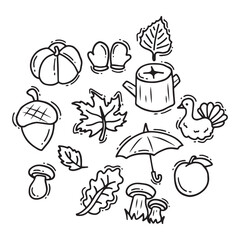 Hand drawn doodle set of autumn symbols. Vector illustration.