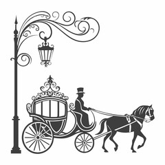 Elegant horse drawn carriage silhouette isolated on white background