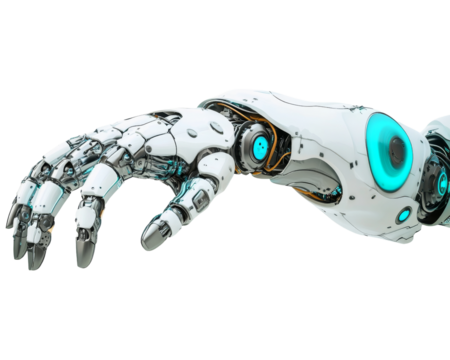Detailed mechanical robotic hand in a reaching or pointing pose isolated.