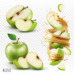 Realistic set of ripe green apples isolated on white background. Vector transparent swirl splash of juice with falling pieces of fruits inside. Food illustrations for packaging design