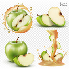 Set of ripe green apples, whole fruits and pieces. Vector transparent flowing splashes of juice of different shapes, stream. Realistic food illustrations isolated on white background. Design elements
