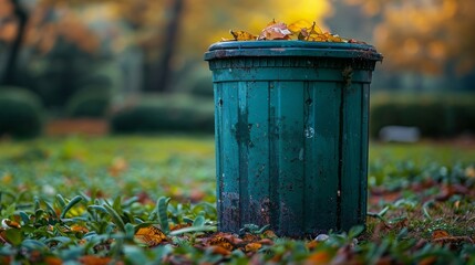Obraz premium A weathered green trash bin sits amidst a carpet of fallen autumn leaves, symbolizing the changing seasons and the beauty of nature's cycle.