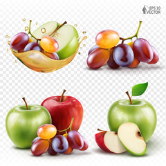 Realistic set of fresh juicy fruits. Green and red apples, ripe grapes. Transparent juice splash . Vector food illustrations. Design elements