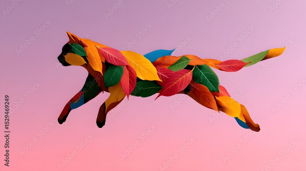 Poster a fanciful, digitally manipulated image of a cat formed from a collage of colorful autumn leaves, ap