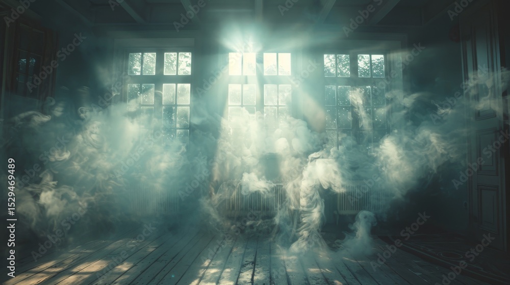 Aufkleber a captivating scene with soft light beams cutting through swirling smoke in an empty room, creating 