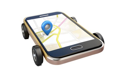 3d illustration rendering of modern smart mobile phone on wheels with gps location map pin locater
