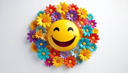 Smiling emoji surrounded by colorful daisies