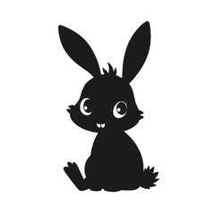 Fototapeta premium Cartoon Rabbit Black Silhouette Vector with Big Eyes and Long Ears on White Background
