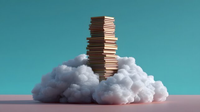 A towering stack of books rises into the clouds, symbolizing the pursuit of knowledge, education, and intellectual growth.