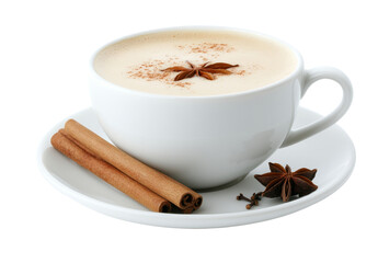 Cup of spicy chai latte decorated with star anise, cinnamon sticks and cloves.