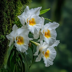 White orchids with bright yellow centers bloom gracefully against a moss-covered tree trunk, set in a lush, green natural background.
