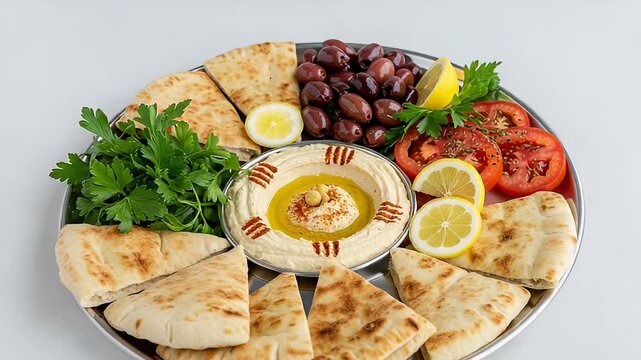 Mediterranean Hummus Platter with Pita Bread Olives Tomatoes Lemons and Parsley on Silver Tray Over White Background Delicious and Nutritious