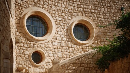 Mediterranean Stone Wall with Round Windows