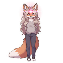 A fox girl character stands, long grey hair framing a face with glowing third eye.  She wears casual clothes and has a bushy orange tail.