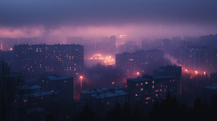 Fototapeta premium City skyline at dusk with glowing windows and fog