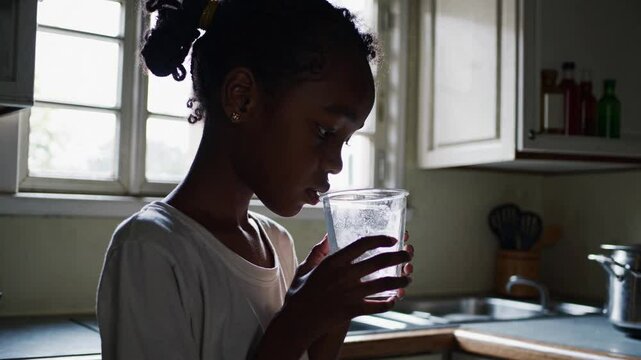  Refreshing Moment of a girl with water in the kitchen: A young girl takes a refreshing sip from a glass, the soft light illuminating her face as she pauses in a cozy kitchen setting. 