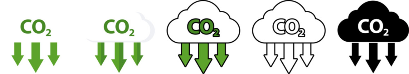 Carbon dioxide icons with arrows in different styles showing emission or absorption concept
