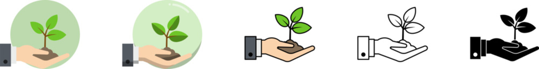 Fototapeta premium Young plant in hand icon set showing growth and care in different styles