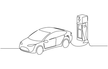 Electric car and charging stations in continuous one line drawing, Continuous one line drawing Electric car at charging station. Electric car concept. Single line draw design editable vector.