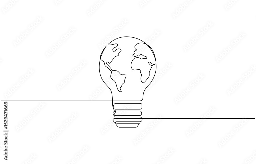 Poster continuous line drawing of light bulb with earth globe inside, earth globe inside lightbulb in one c