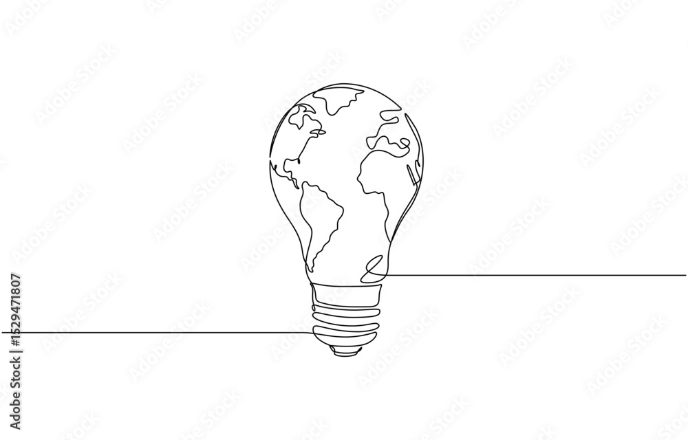 Poster continuous line drawing of light bulb with earth globe inside, earth globe inside lightbulb in one c